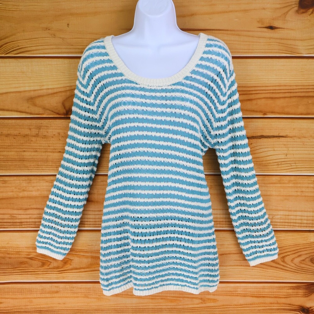 Paradise Shores Open-Knit Sweater Womens Sz M Blue White Cotton Blend Scoop Neck